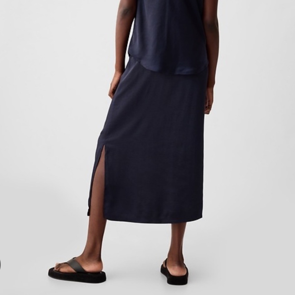 Navy Satin Midi Skirt